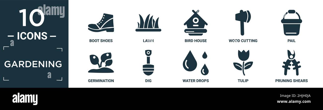 filled gardening icon set. contain flat boot shoes, lawn, bird house ...