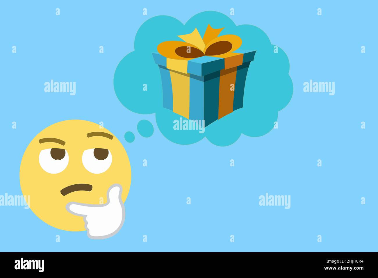 thinking face and thought bubble with wrapped present on light blue