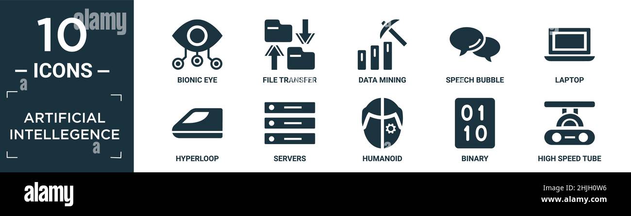 filled artificial intellegence icon set. contain flat bionic eye, file transfer, data mining, speech bubble, laptop, hyperloop, servers, humanoid, bin Stock Vector