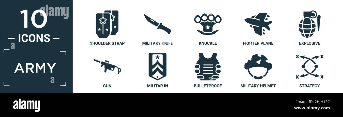 filled army icon set. contain flat shoulder strap, military knife ...
