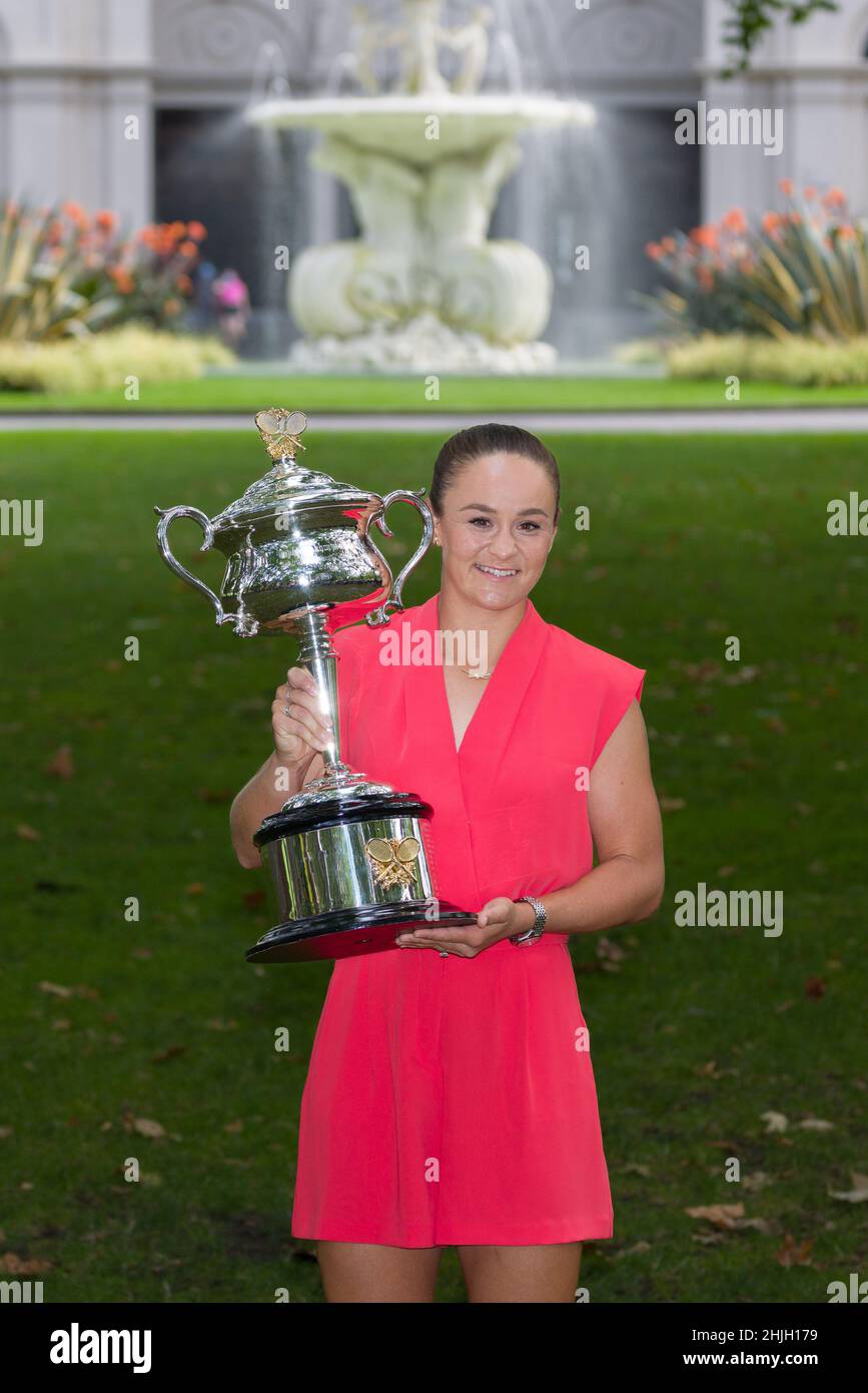 Melbourne, Australia. 30th Jan, 2022. ASHLEIGH BARTY (AUS) pose for photographs with the trophy after winning the 2022 Australian Open at the Royal Exhibition Building in Melbourne, Australia. Sydney Low/Cal Sport Media/Alamy Live News Stock Photo