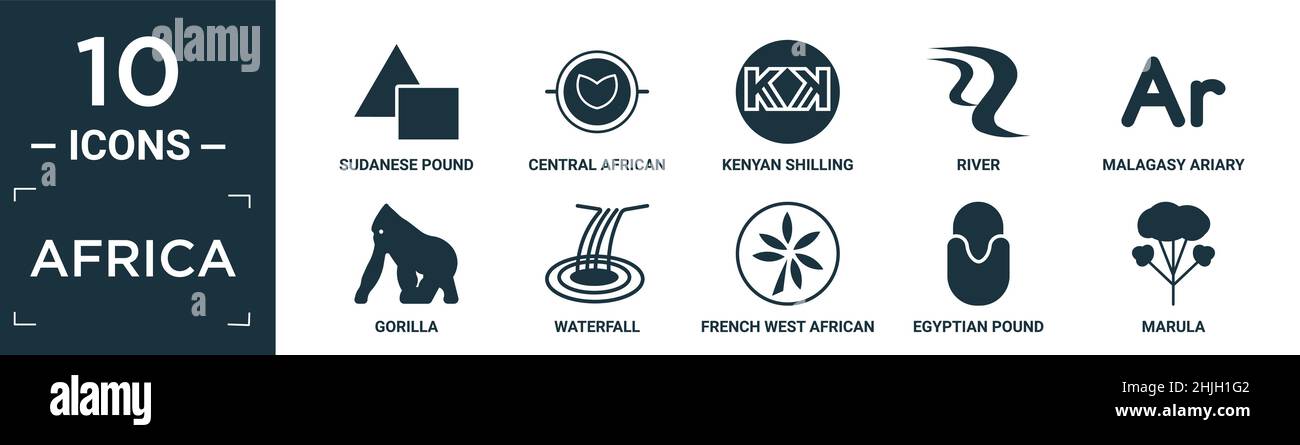 filled africa icon set. contain flat sudanese pound, central african franc, kenyan shilling, river, malagasy ariary, gorilla, waterfall, french west a Stock Vector