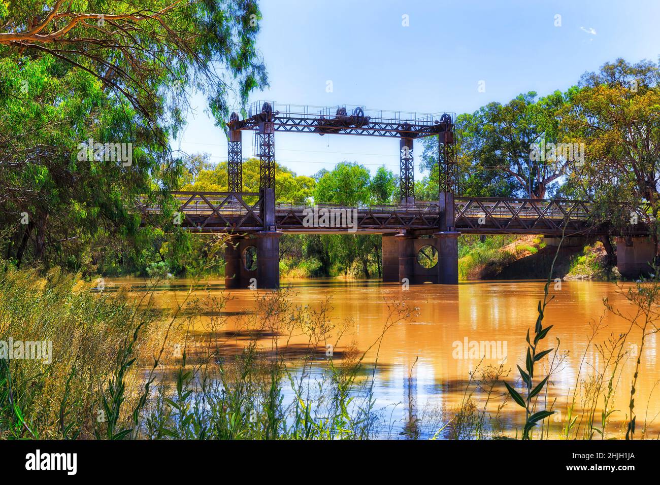 Railway split bridge across Darling river in Wilcannia town of Outback 