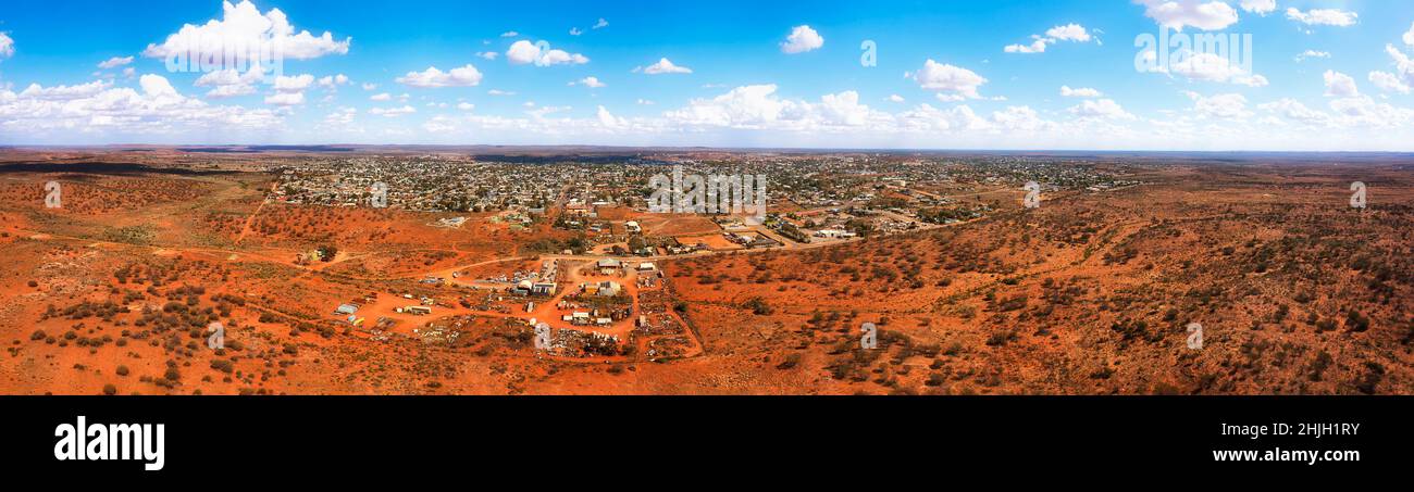 Red soil outback of Australia arid semi-desert areas around Broken hill mining town - wide aerial landsape panorama. Stock Photo