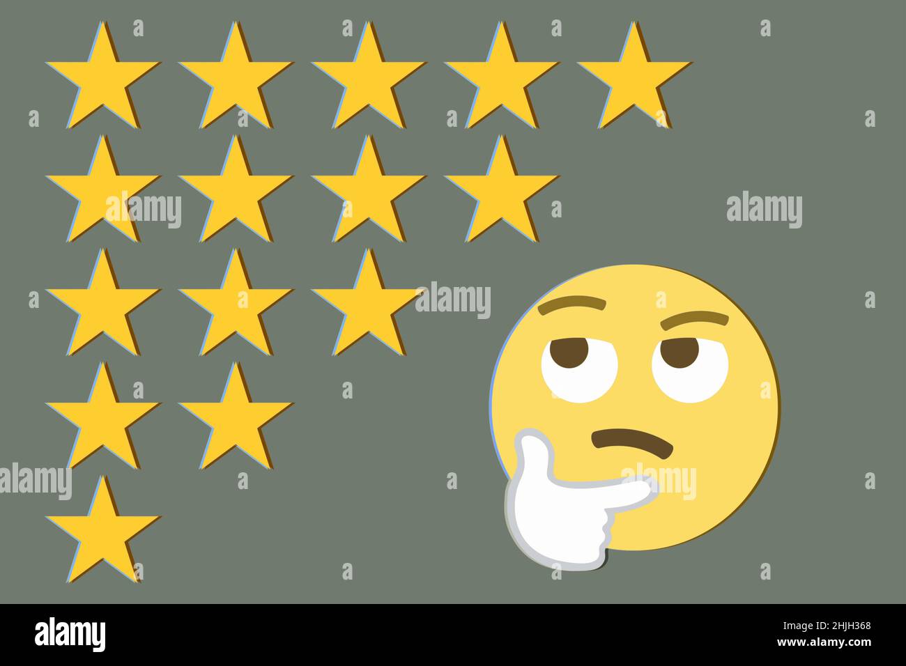 thinking face emoji and rating stars on gray background,review concept