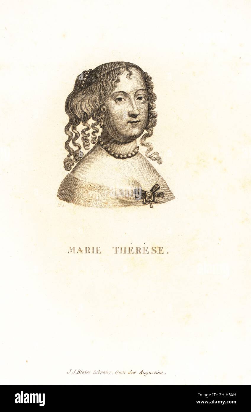 Portrait of Maria Theresa of Spain, Marie-Therese d'Autriche, 1638-1683, Infanta of Spain and Portugal and Archduchess of Austria, Queen of France and Navarre. Marie Therese. Copperplate engraving by A.D. after Jean Nocret from Marie de Rabutin-Chantal Sevigne’s Collection des Vingt Portraits du Siecle de Louis XIV, Collection of 20 Portraits of the century of King Louis XIV, J.J. Blaise, Libraire, Quai des Augustins, Paris, 1818. Stock Photo