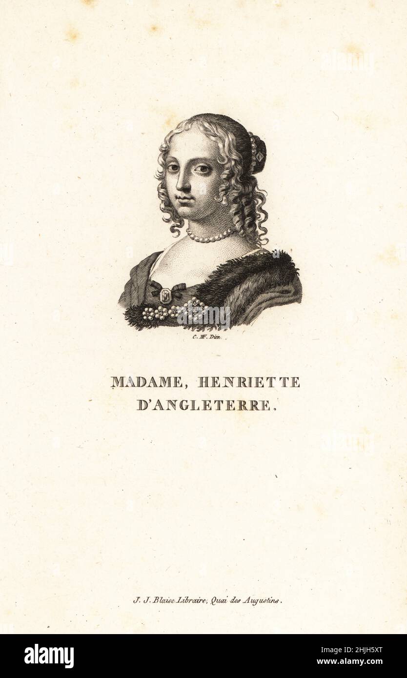 Henrietta Anne of England, Duchess of Orleans, 1644-1670,  daughter of King Charles I of England and Queen Henrietta Maria. With hair in ringlets and pearl necklace. Madame, Henriette d'Angleterre. Copperplate engraving by Claude Marie Francois Dien after Adriaen van der Werff from Marie de Rabutin-Chantal Sevigne’s Collection des Vingt Portraits du Siecle de Louis XIV, Collection of 20 Portraits of the century of King Louis XIV, J.J. Blaise, Libraire, Quai des Augustins, Paris, 1818. Stock Photo