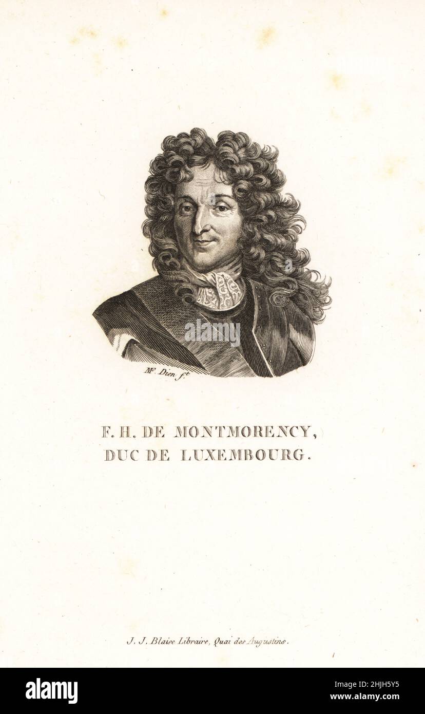 Duke of Luxembourg, French general, 1628-1695. Francois Henri de Montmorency, Duke of Piney-Luxembourg, The Upholsterer of Notre-Dame, Marshal of France. F.H. de Montmorency, Duc de Luxembourg. Copperplate engraving by Claude Marie Francois Dien after Hyacinthe Rigaud from Marie de Rabutin-Chantal Sevigne’s Collection des Vingt Portraits du Siecle de Louis XIV, Collection of 20 Portraits of the century of King Louis XIV, J.J. Blaise, Libraire, Quai des Augustins, Paris, 1818. Stock Photo