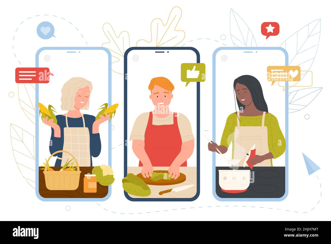 People cooking online on screens of mobile phones vector illustration. Cartoon chef woman and man holding, slicing vegetables to make healthy soup recipe from blog. Cooking service, culinary concept Stock Vector