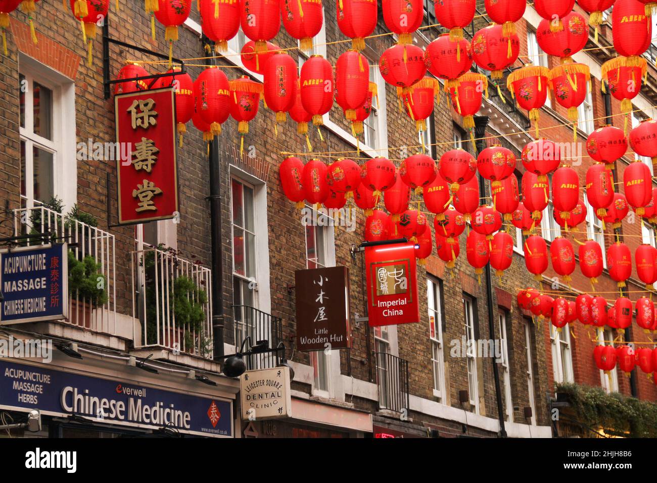 Chinatown in central London is decorated with lanterns in preparation of the new Year.Streets in Chinatown have been decorated with lanterns in preparation of the Chinese New Year. The beginning of the year of the Tiger will be celebrated on the 1st February. Stock Photo