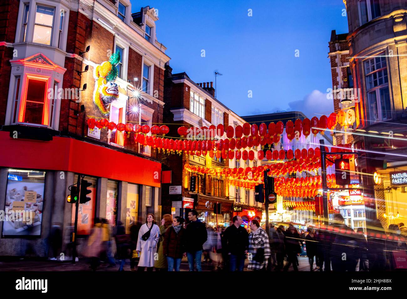 London, UK. 29th Jan, 2022. Chinatown in central London is decorated with lanterns in preparation of the new Year.Streets in Chinatown have been decorated with lanterns in preparation of the Chinese New Year. The beginning of the year of the Tiger will be celebrated on the 1st February. Credit: SOPA Images Limited/Alamy Live News Stock Photo