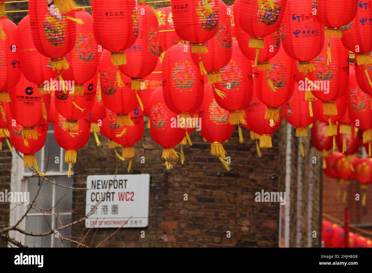 London, UK. 29th Jan, 2022. Newport Court in London's Chinatown is decorated with lanterns in preparation of the new Year.Streets in Chinatown have been decorated with lanterns in preparation of the Chinese New Year. The beginning of the year of the Tiger will be celebrated on the 1st February. (Credit Image: © David Mbiyu/SOPA Images via ZUMA Press Wire) Stock Photo