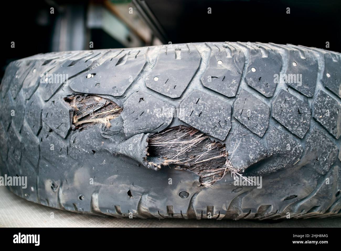 Tire blow out.  Flat tire Stock Photo