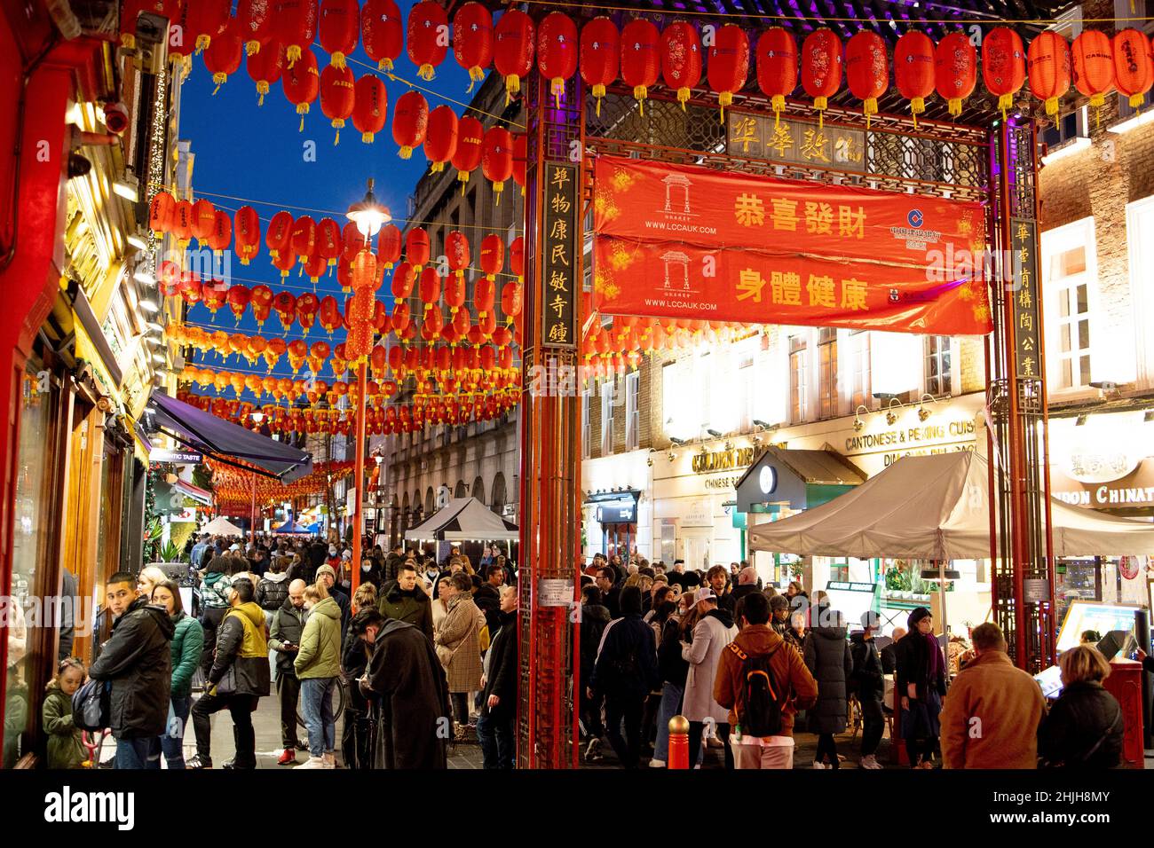 London, UK. 29th Jan, 2022. Crowds of people seen shopping in Chinatown decorated with lanterns in preparation of the Chinese New Year.Streets in Chinatown have been decorated with lanterns in preparation of the Chinese New Year. The beginning of the year of the Tiger will be celebrated on the 1st February. (Credit Image: © Hesther Ng/SOPA Images via ZUMA Press Wire) Stock Photo