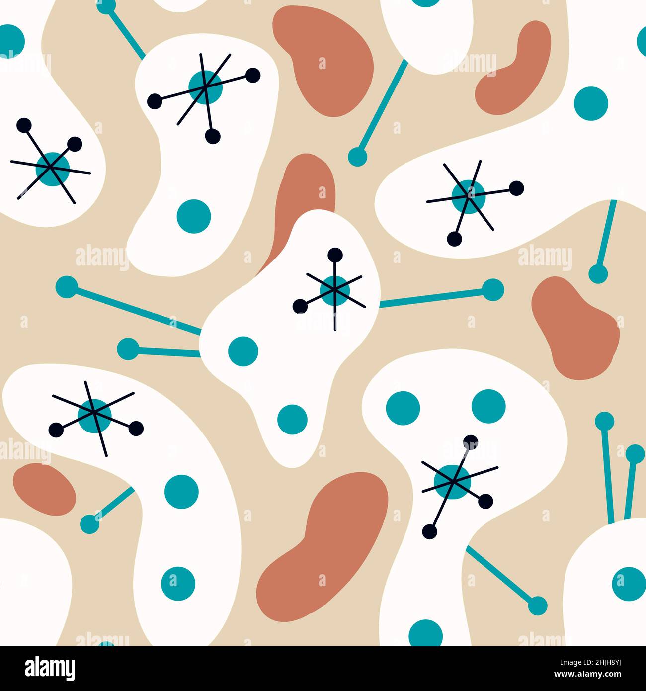 Seamless Hand Drawn Mid Century Modern Pattern In Beige Blue Turquoise Black White Colors Retro Vintage 50s 60 Atomic Age Mcm Pattern With Abstract Geometric Shapes For Textile Wallpaper Stock Photo Alamy