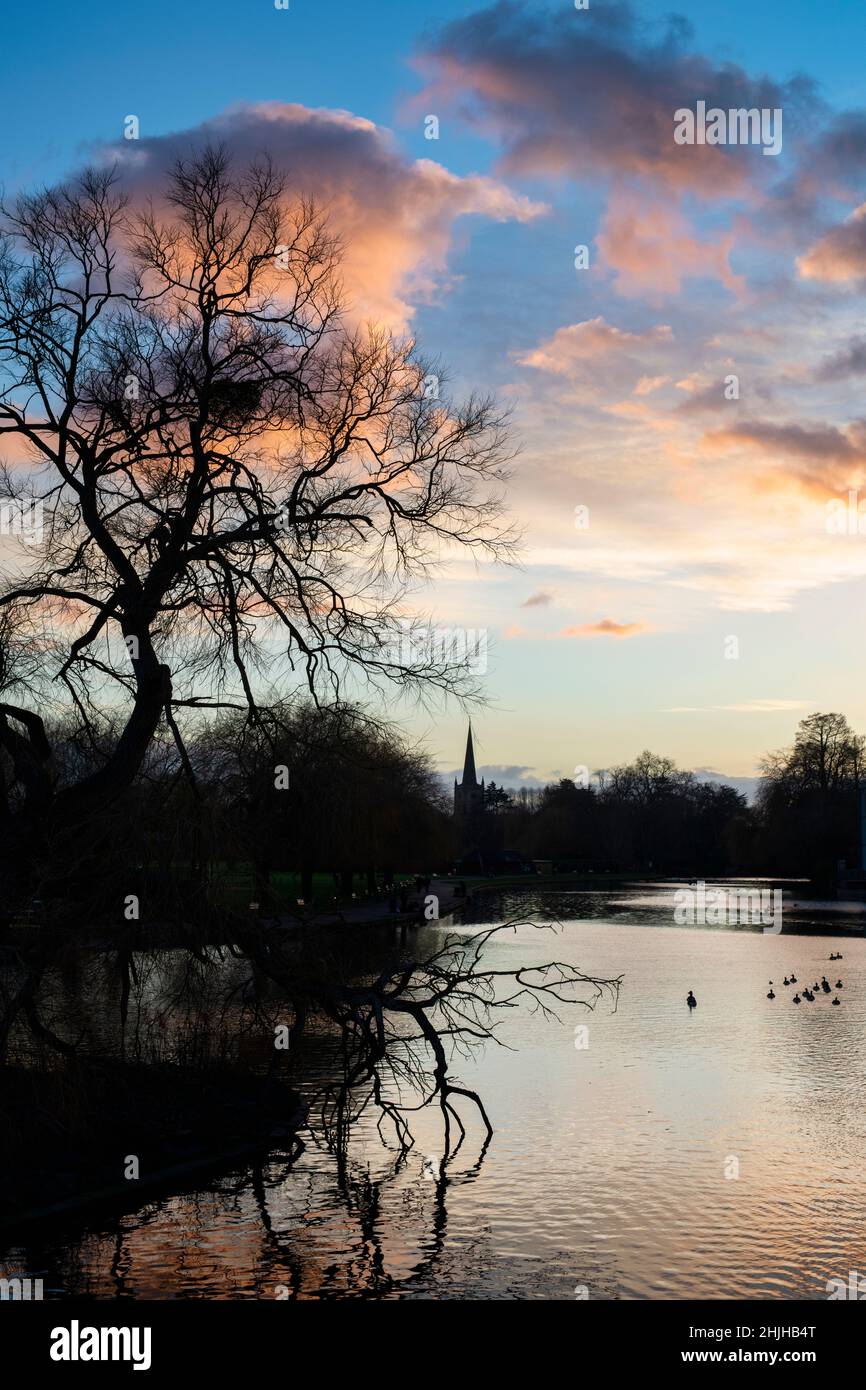 Winter trees, river avon and the holy trinity church at dusk. Stratford Upon Avon, Warwickshire, England Stock Photo