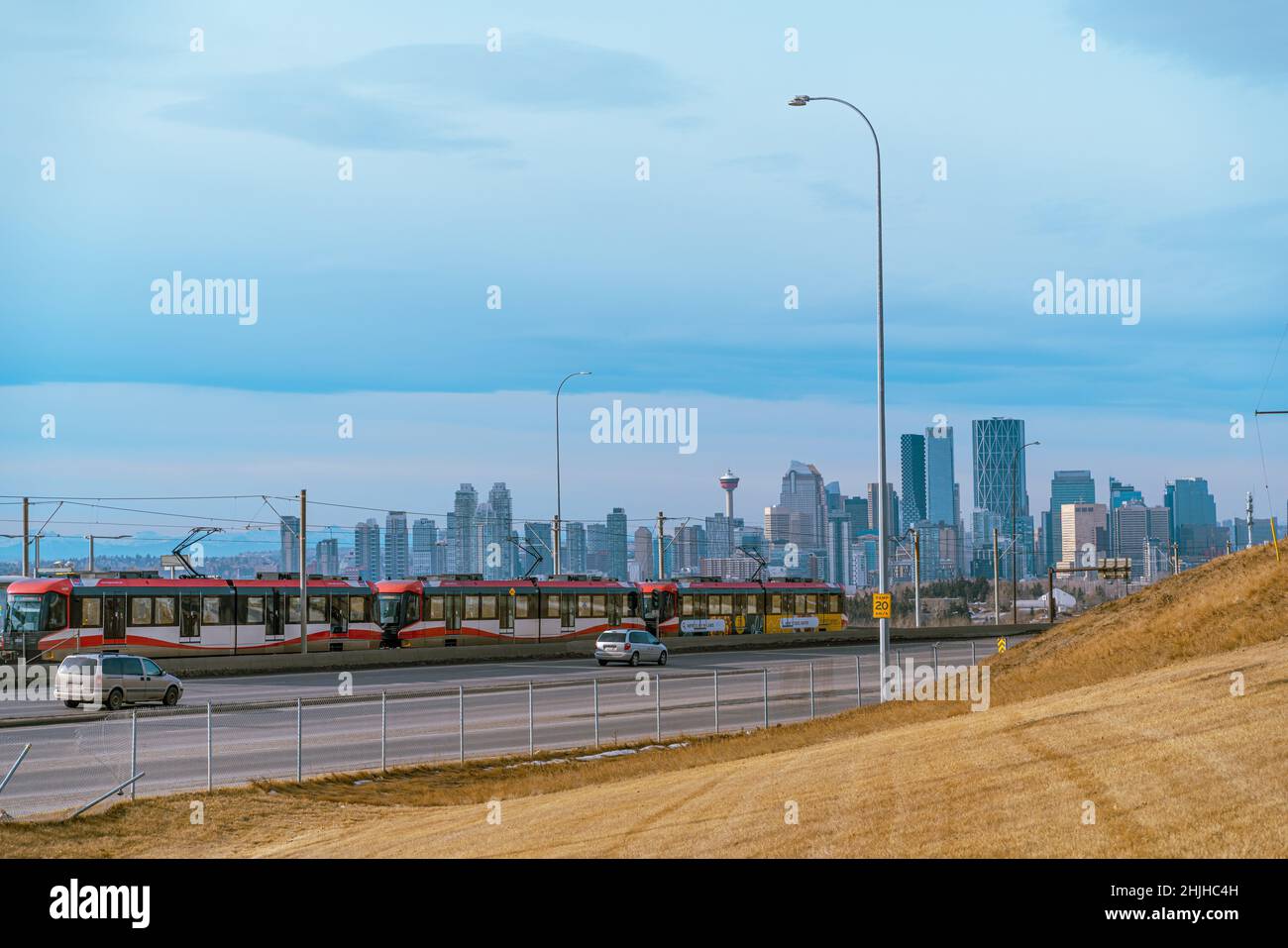 29 January 2022 - Calgary Alberta Canada -Calgary Transit LRT train with Calgary  Skyline in background Stock Photo - Alamy
