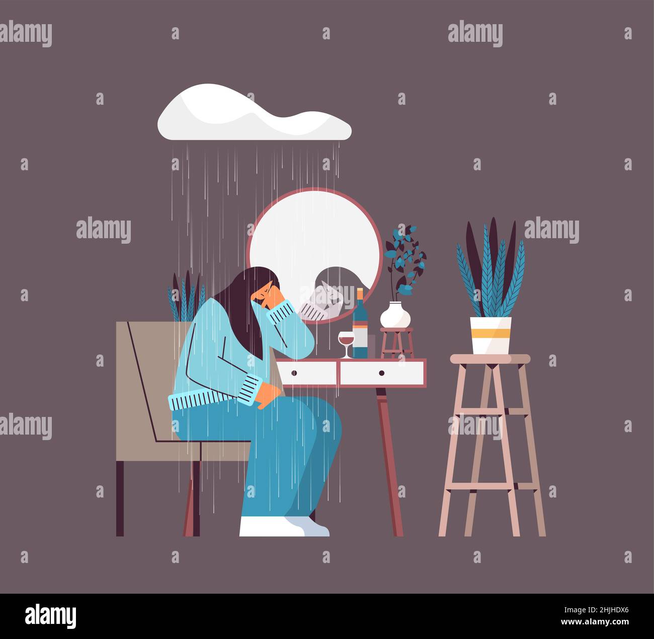 unhappy woman under rain cloud looking at mirror girl feeling desperate mental health diseases depression Stock Vector