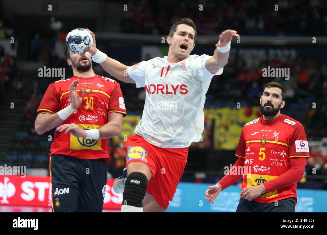 Rasmus Lauge of Denmark and Jorge Maqueda , Gedeón Guardiola of Spain the EHF Euro 2022, Semi Final Handball match between Spain and Denmark on January 28, 2022 at Budapest Multifunctional Arena in Budapest, Hungary. Photo by Laurent Lairys/ABACAPRESS.COM Stock Photo