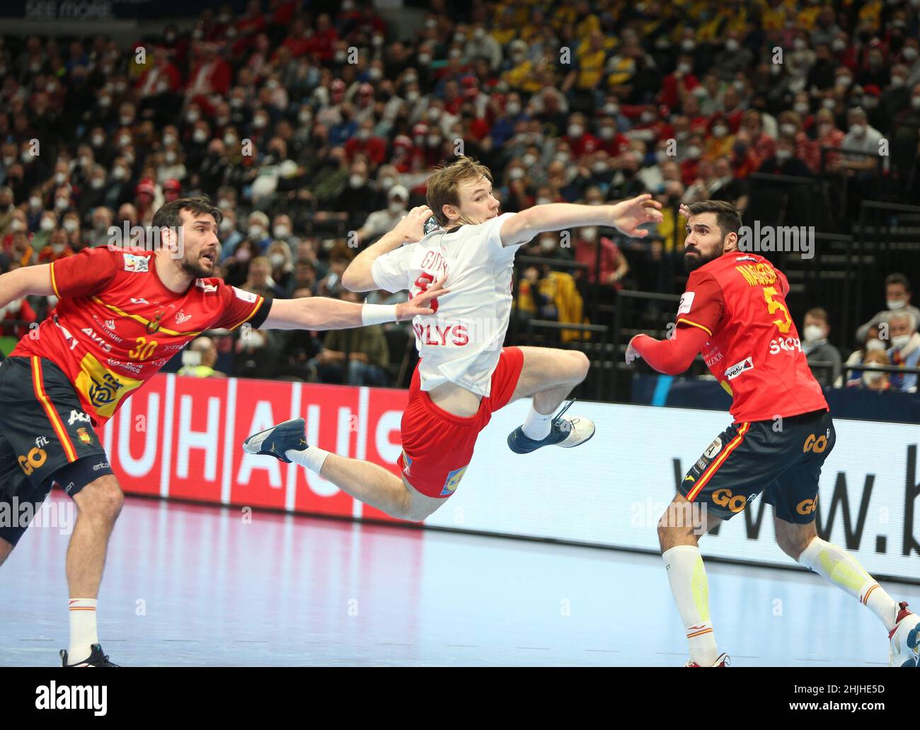 Mathias Gidsel of Denmark and Jorge Maqueda , Gedeón Guardiola of Spain EHF Euro 2022, Semi Final Handball match between Spain and Denmark on January 28, 2022 at Budapest Multifunctional Arena in Budapest, Hungary. Photo by Laurent Lairys/ABACAPRESS.COM Stock Photo
