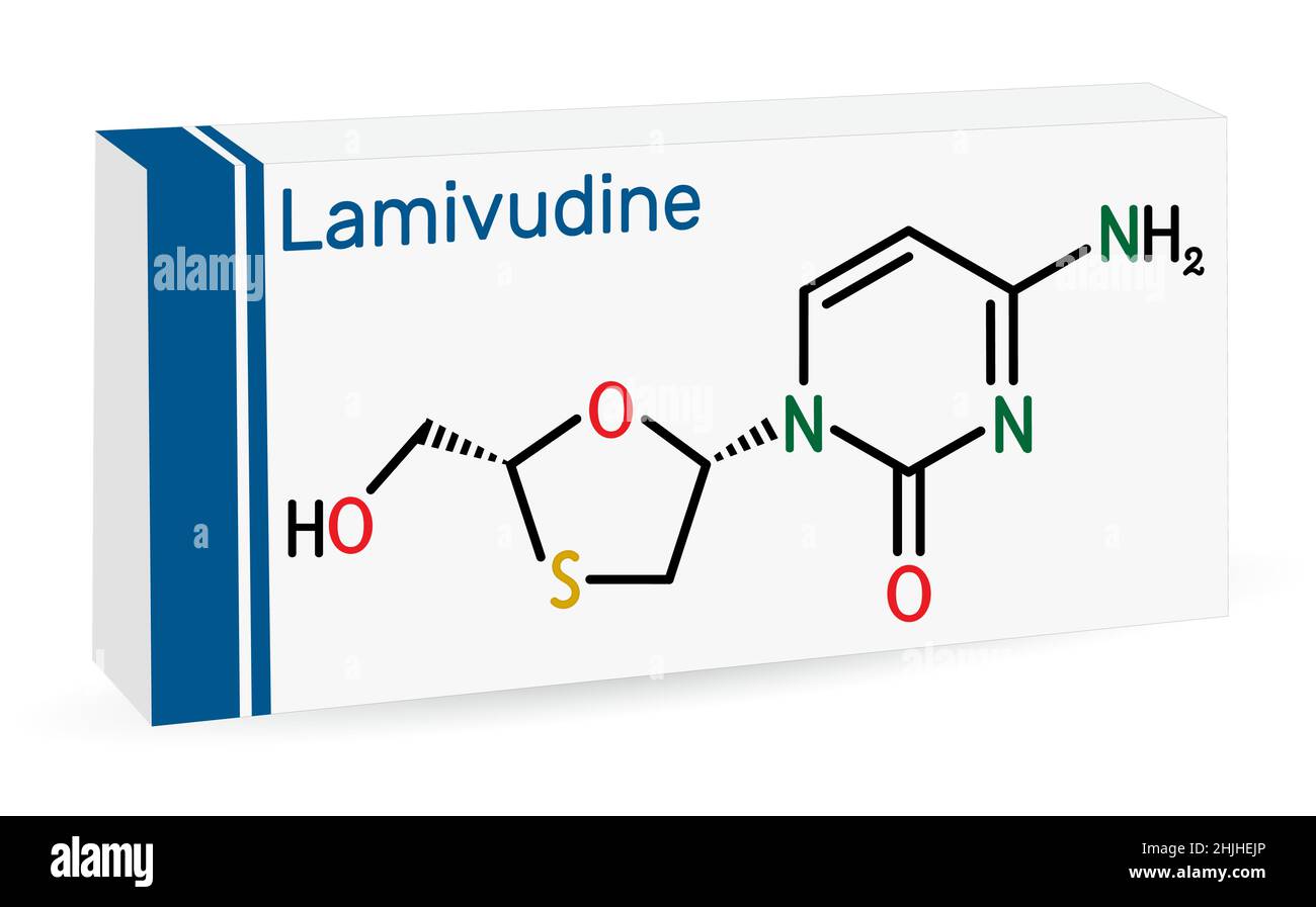 Lamivudine, 3TC drug molecule. It is used to treat Human Immunodeficiency Virus Type 1 (HIV-1) and hepatitis B virus (HBV). Skeletal chemical formula. Stock Vector