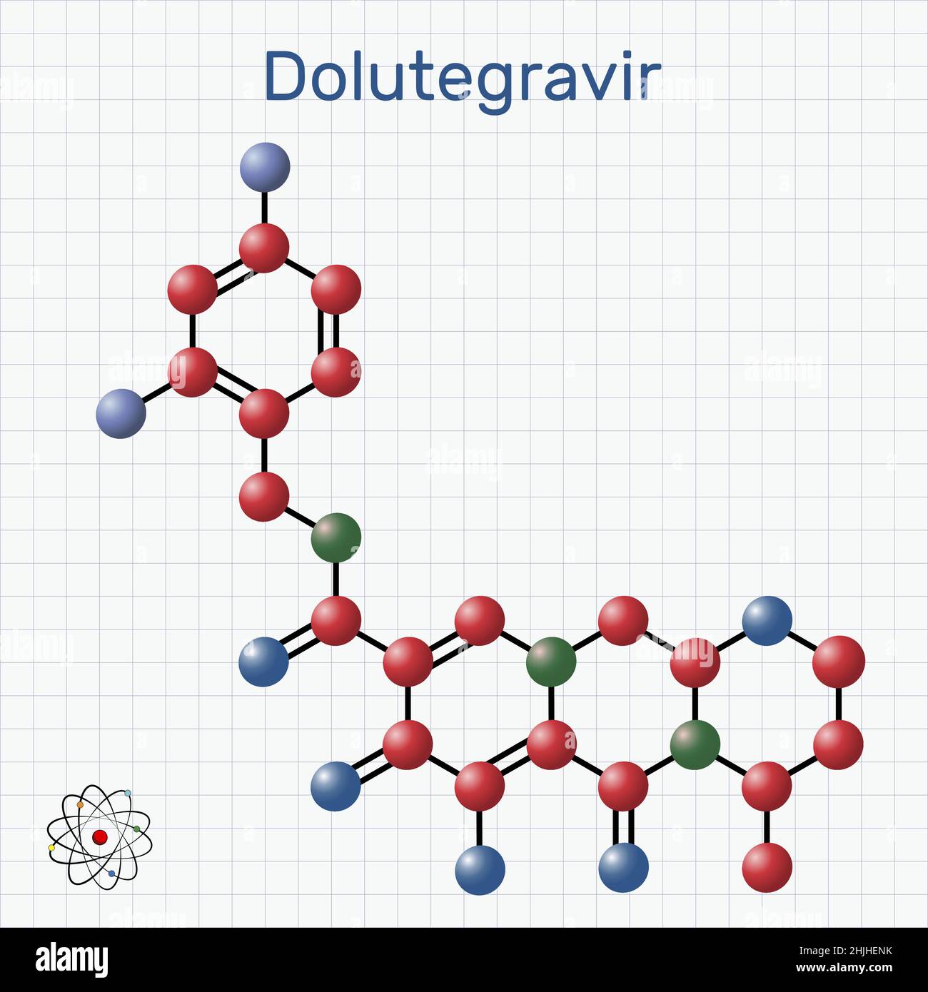 Dolutegravirе, molecule. It is antiviral agent used for the treatment of human immunodeficiency virus type 1, HIV-1 infections. Molecule model. Sheet Stock Vector