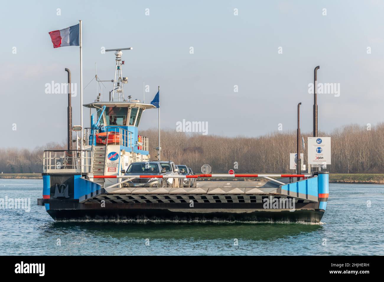 Rhinau-Kappel ferry, passage of the Rhine between France and Germany. France. Stock Photo
