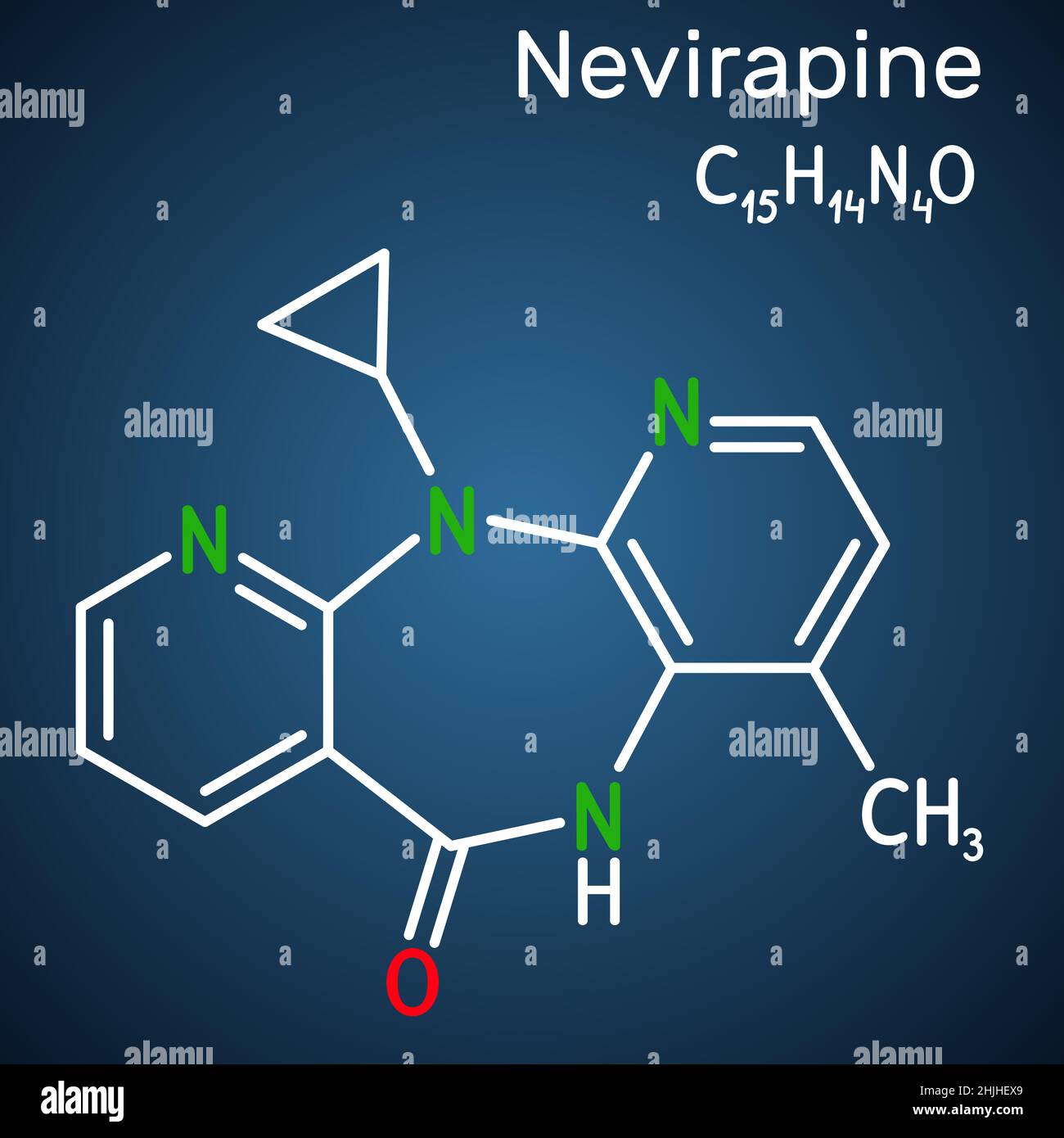 Nevirapineе molecule. It is used to treat human immunodeficiency virus (HIV) infection and acquired immune deficiency syndrome (AIDS). Structural chem Stock Vector