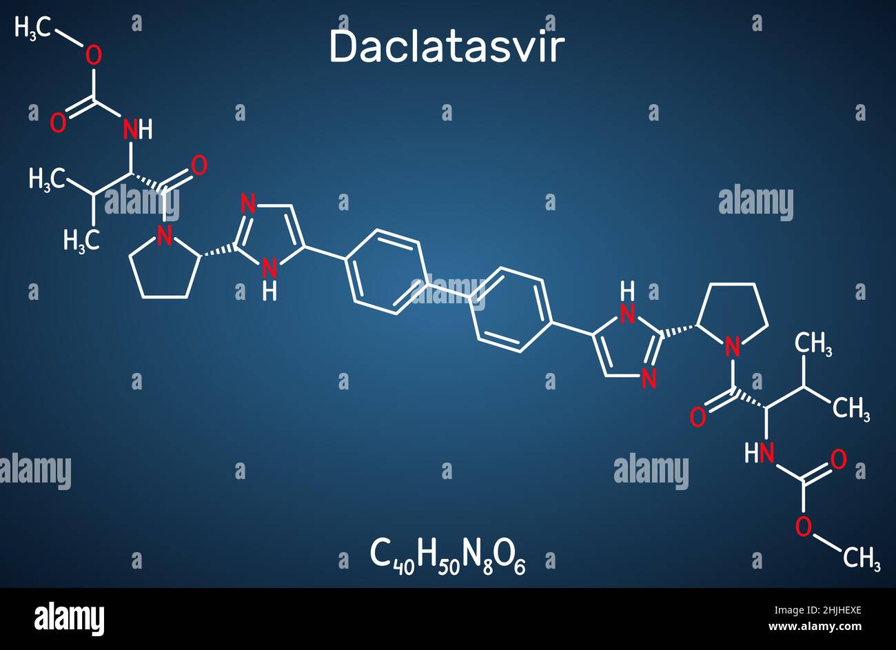 Daclatasvir drug molecule. It is direct-acting antiviral agent used to treat specific hepatitis C virus (HCV) infections. Structural chemical formula Stock Vector