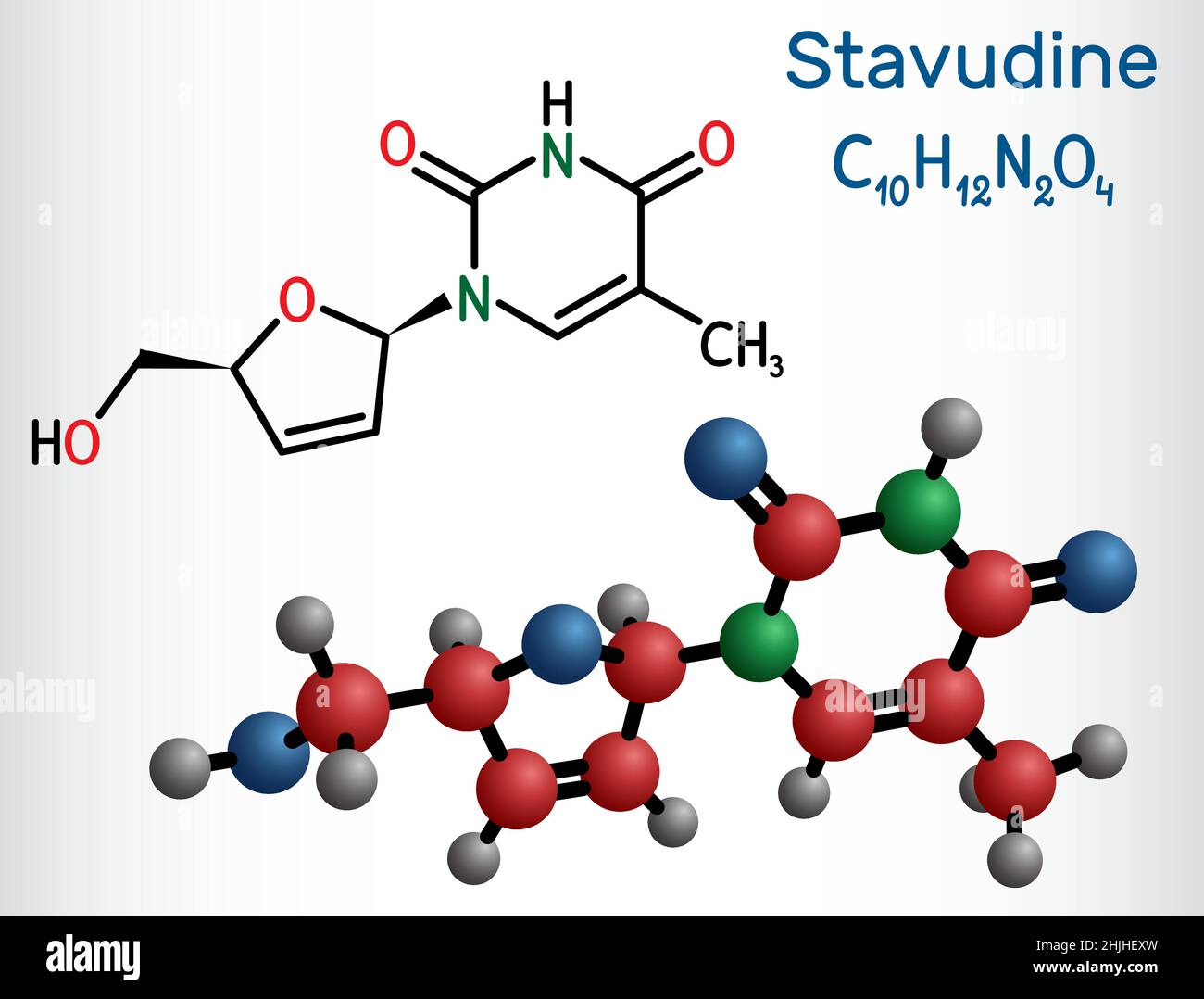 Stavudine, d4T molecule. It is dideoxynucleoside used in the treatment of HIV infection and acquired immunodeficiency syndrome AIDS. Structural chemic Stock Vector
