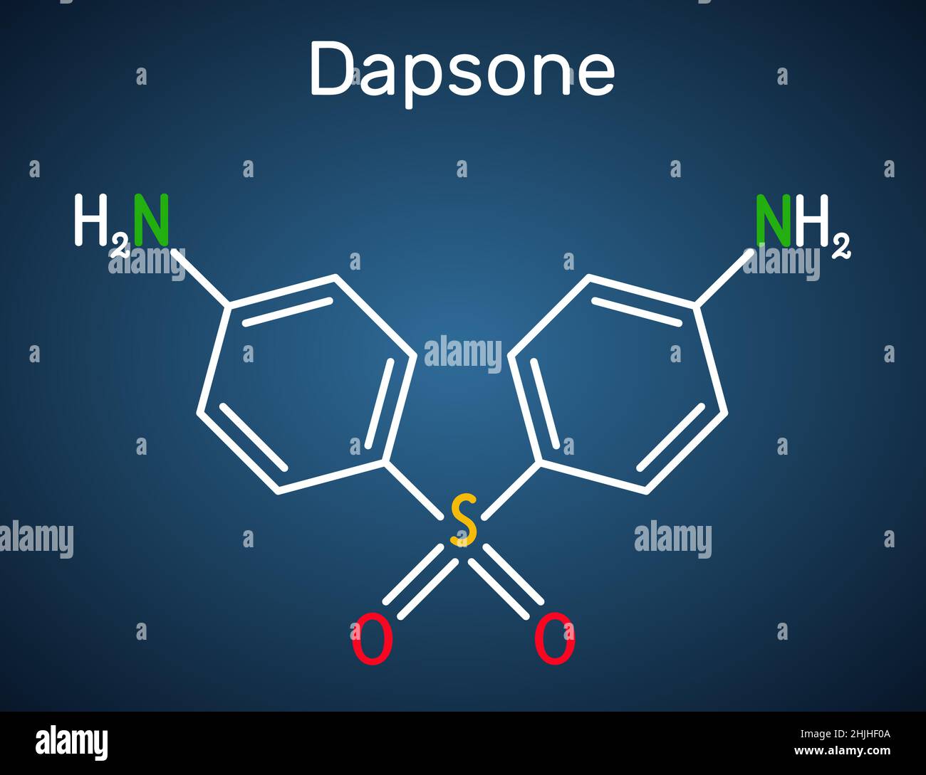Dapsone, diaminodiphenyl sulfone, DDS molecule. It is sulfone antibiotic for the treatment of leprosy and dermatitis herpetiformis. Structural chemica Stock Vector