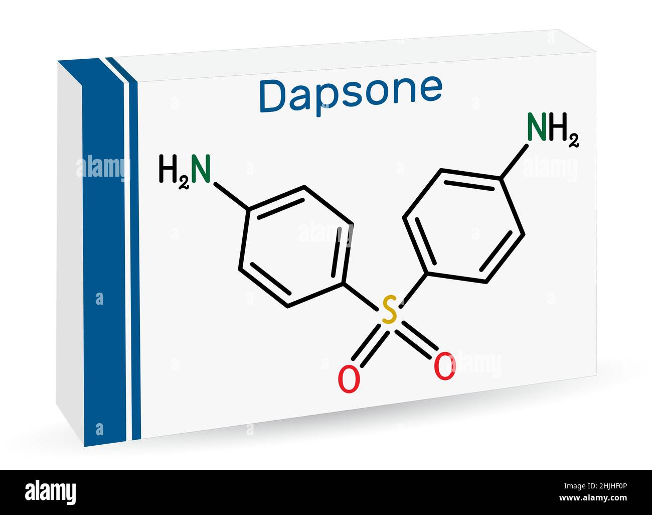 Dapsone, diaminodiphenyl sulfone, DDS molecule. It is sulfone antibiotic for the treatment of leprosy and dermatitis herpetiformis. Skeletal chemical Stock Vector