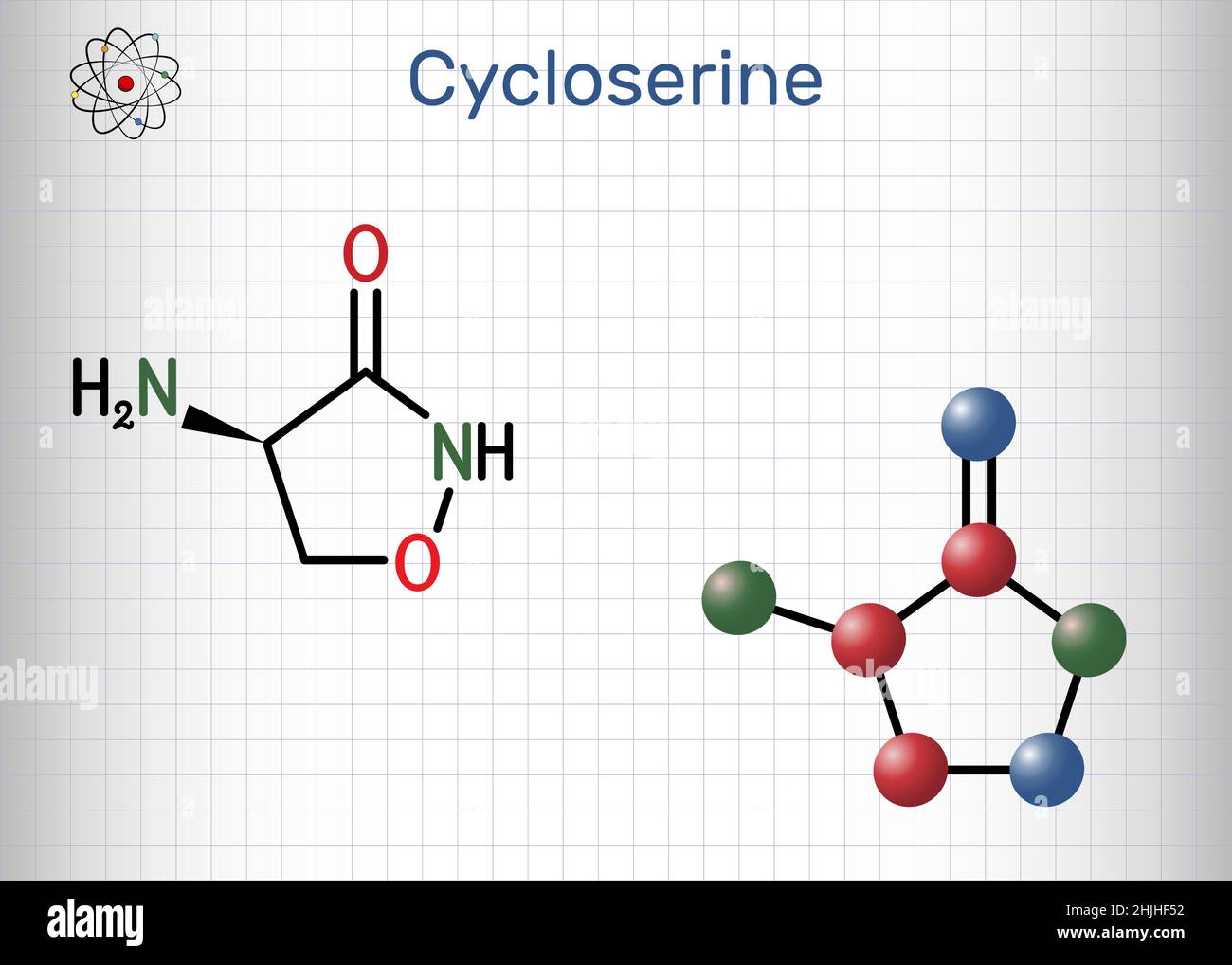 Cycloserine molecule. It is broad-spectrum antibiotic used in the treatment of tuberculosis and certain urinary tract infections (UTI). Structural che Stock Vector