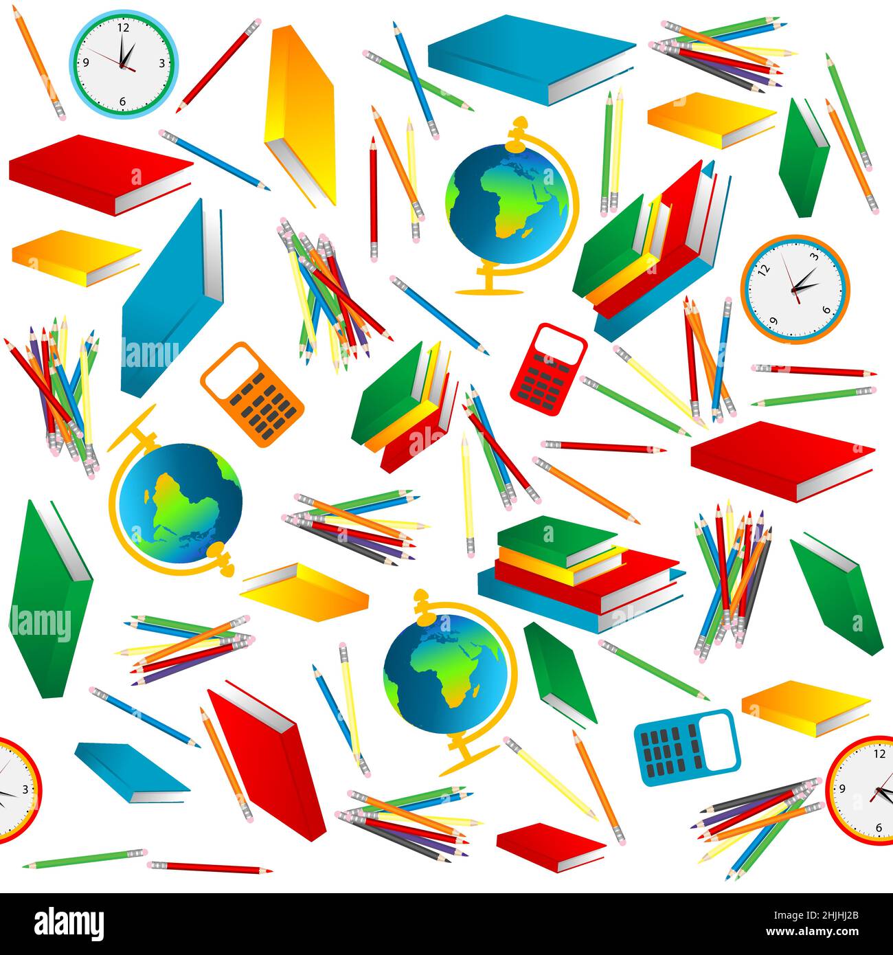 Seamless pattern with pencils, books and various school supplies on a white background Stock Vector