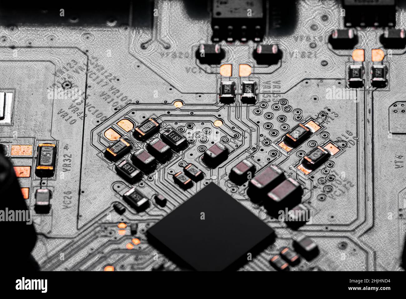 Macro Close up of components and microchips on PC circuit board Stock ...