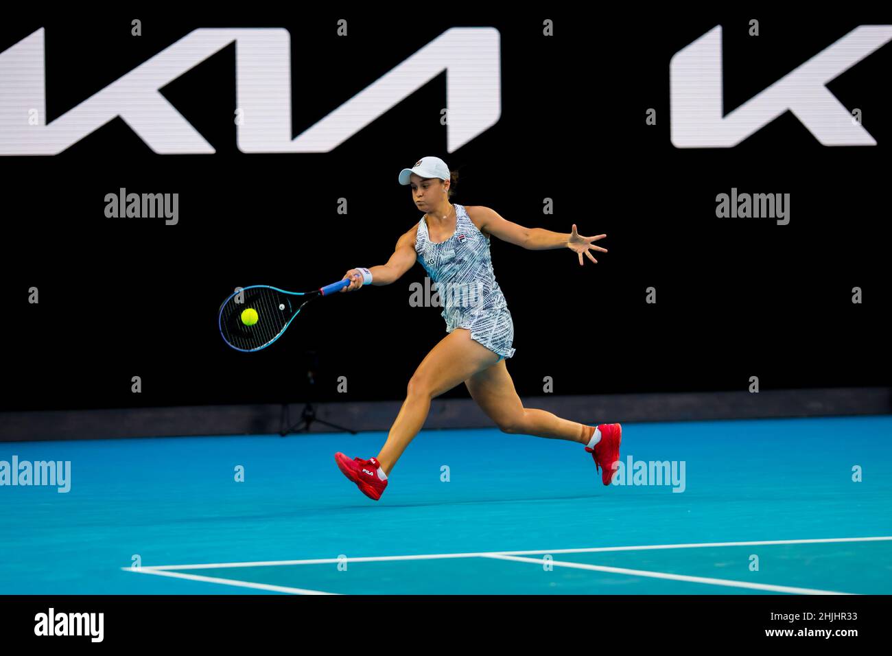 Melbourne, Australia. 23rd Jan, 2022. Ash Barty plays against Amanda  Anisimova during the Australian Open 2022 Round 4 match of the Grand Slam tennis  tournament at Rod Laver Arena in Melbourne Olympic
