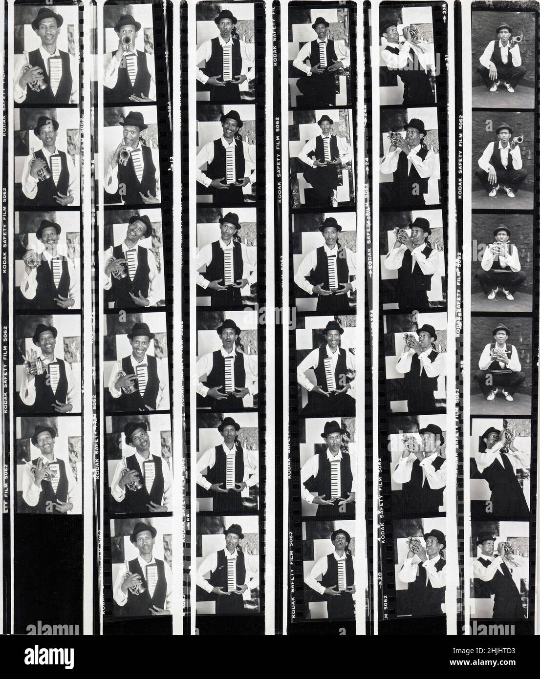 A contact sheet of 35 photos of jazz trumpet player Don Cherry. from a 1983 photo shoot in Brooklyn New York.. Stock Photo