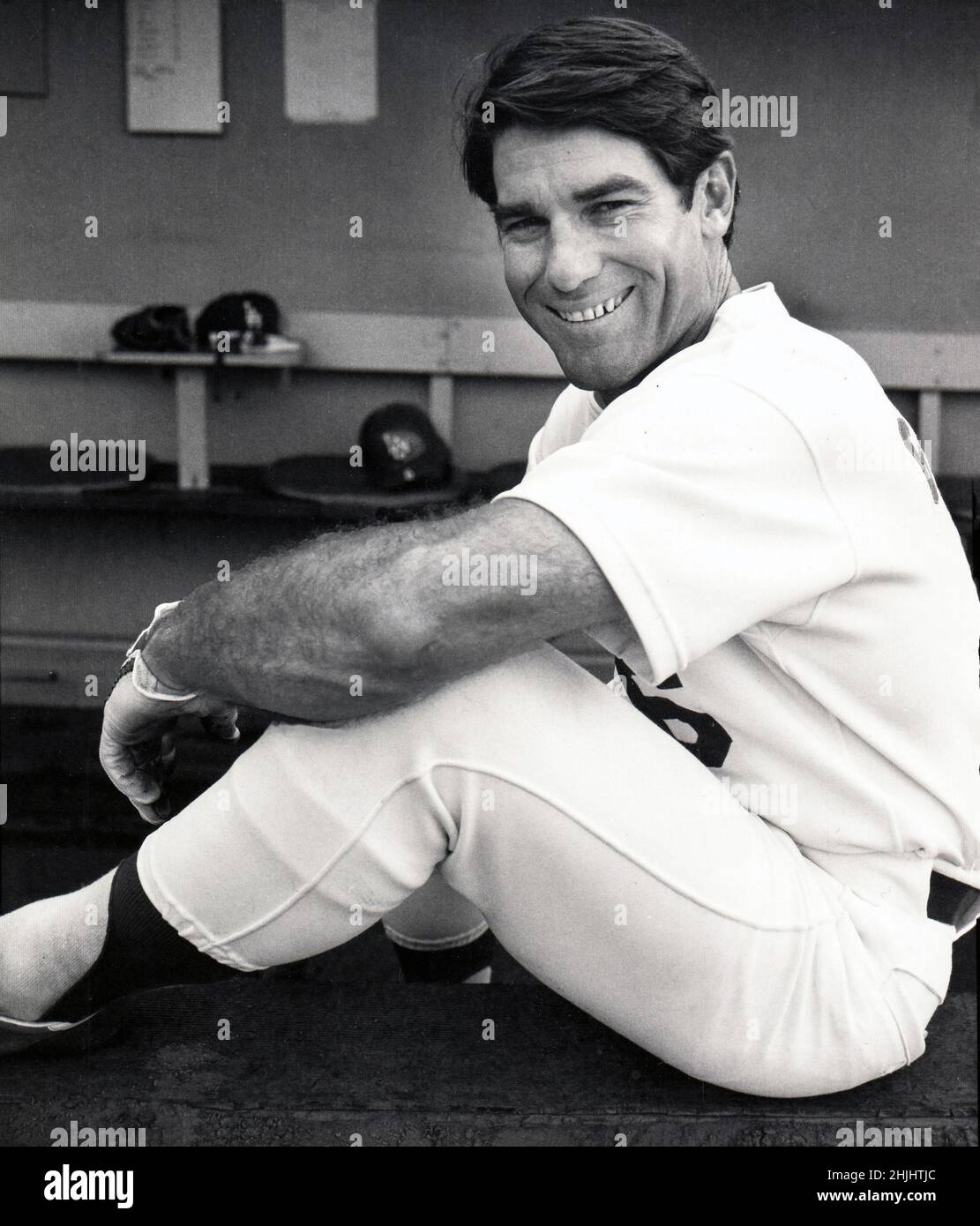 Posed portrait of Dodgers star first baseman Steve Garvey on the steps of the dugout at Dodger Stadium in Chavez Ravine, Los Angeles, California circa 1977. Stock Photo
