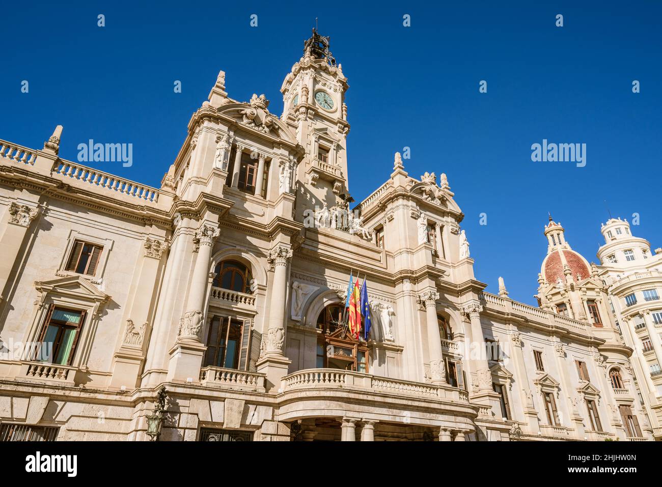Valencia, Spain. January 28, 2022. Low angle view of Valencia local government building city town hall Stock Photo