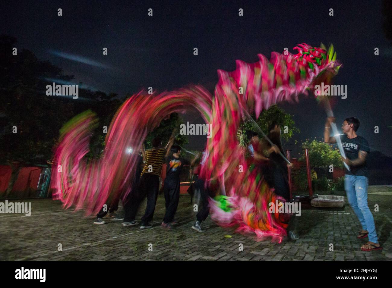 Dancers practice the traditional 'Barongsai' dance performance in Bogor, Indonesia, 29 January 2022 to celebrate Chinese New Year Stock Photo