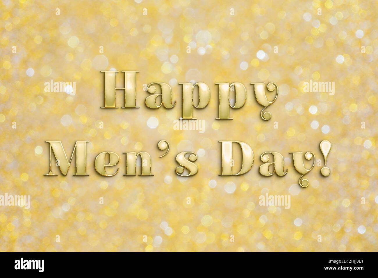 'Happy Men's Day' text in golden letters over shiny gold colored blurred bokeh glitter background. Stock Photo