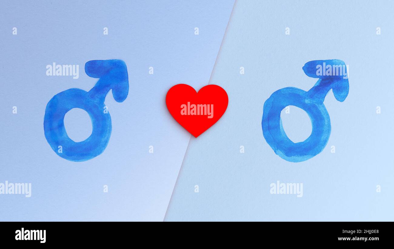 Blue male gender symbols and heart on light blue papers. Concept illustration of homosexual relationship, romance, love and identity. Paper background. Stock Photo