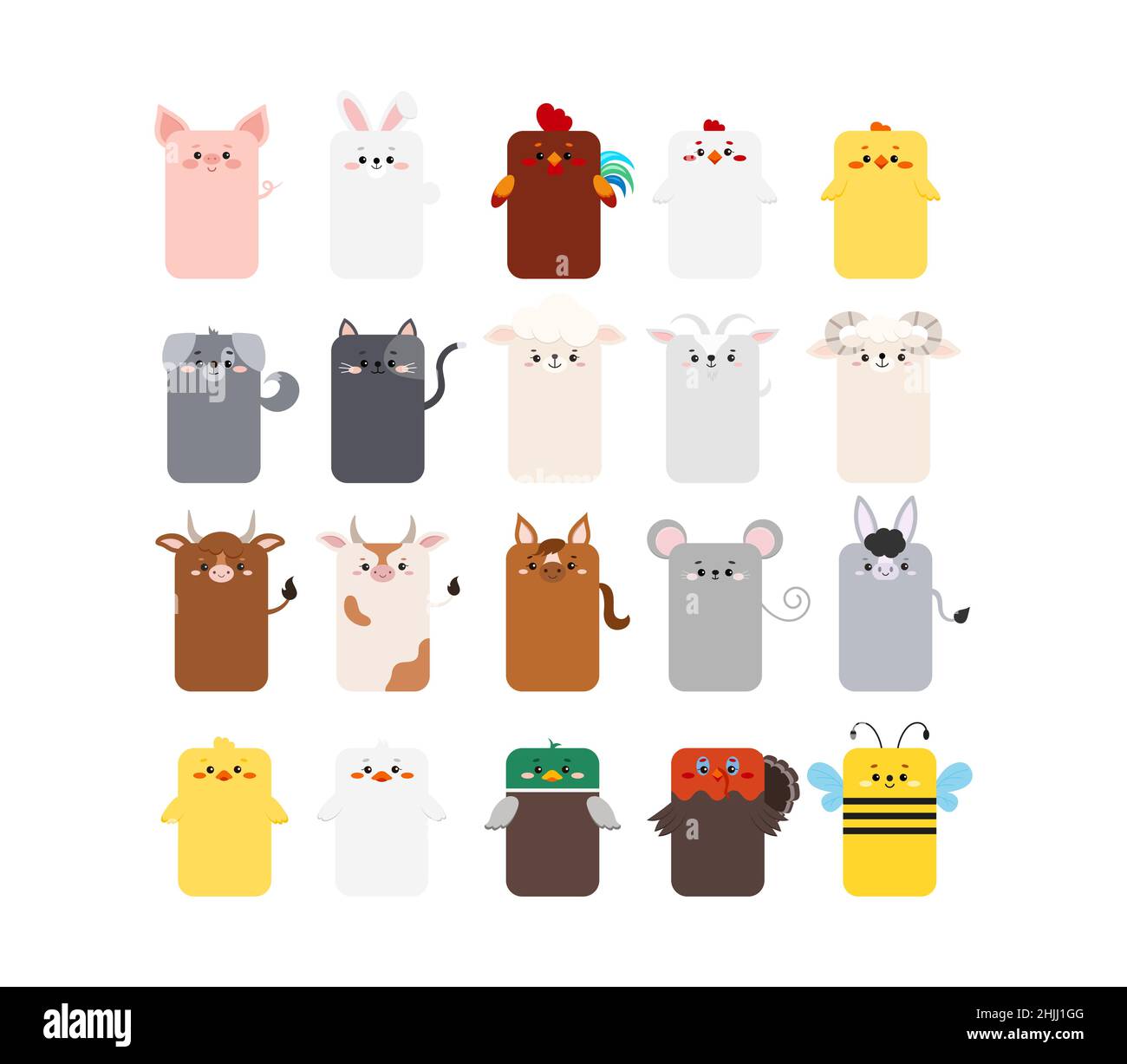 Rectangular farm animal faces icon set isolated on white background. Stock Vector