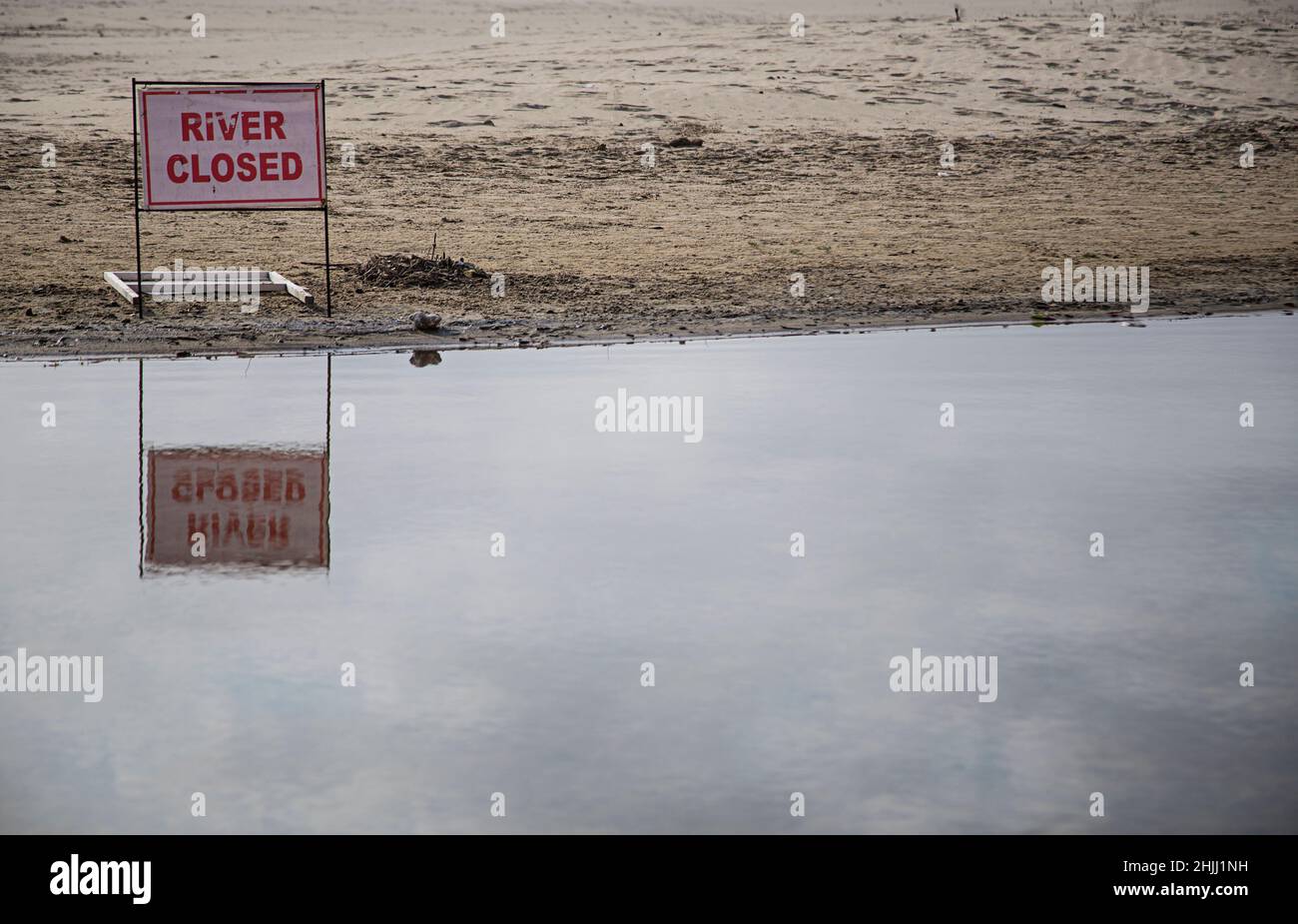 River closed sign on a peaceful day Stock Photo