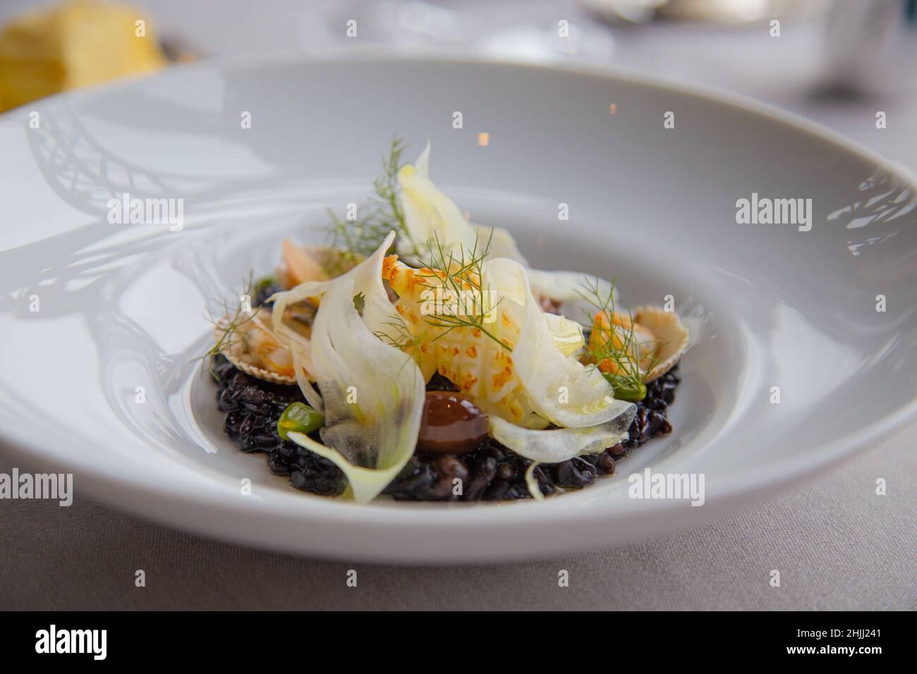 A beautifully plated gourmet seafood dish. Stock Photo