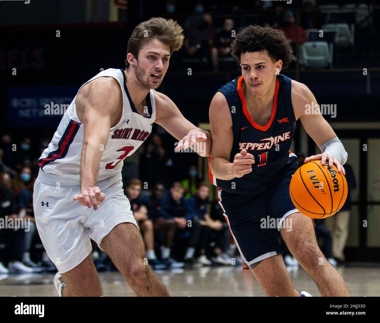 January 29 2022 Moraga, CA U.S.A. Pepperdine Waves guard Mike Mitchell Jr.  (1) goes to the hoop during the NCAA Men's Basketball game between  Pepperdine Waves and Saint Mary's Gaels. Saint MaryÕs