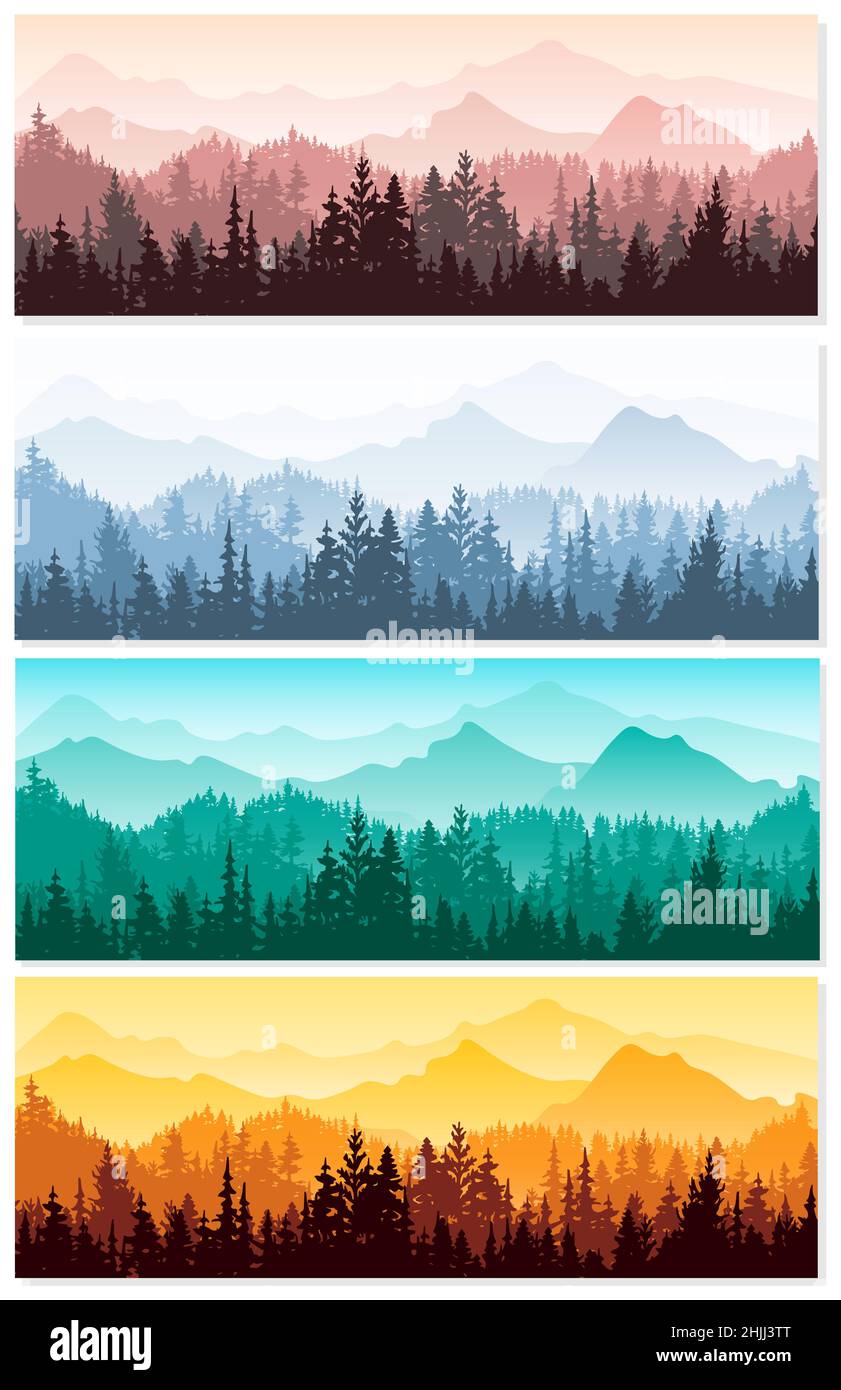 Forest and mountains silhouette set. Spring, summer, autumn and winter landscape. Orange, violet, blue, green illustration. Horizontal banner. Stock Photo