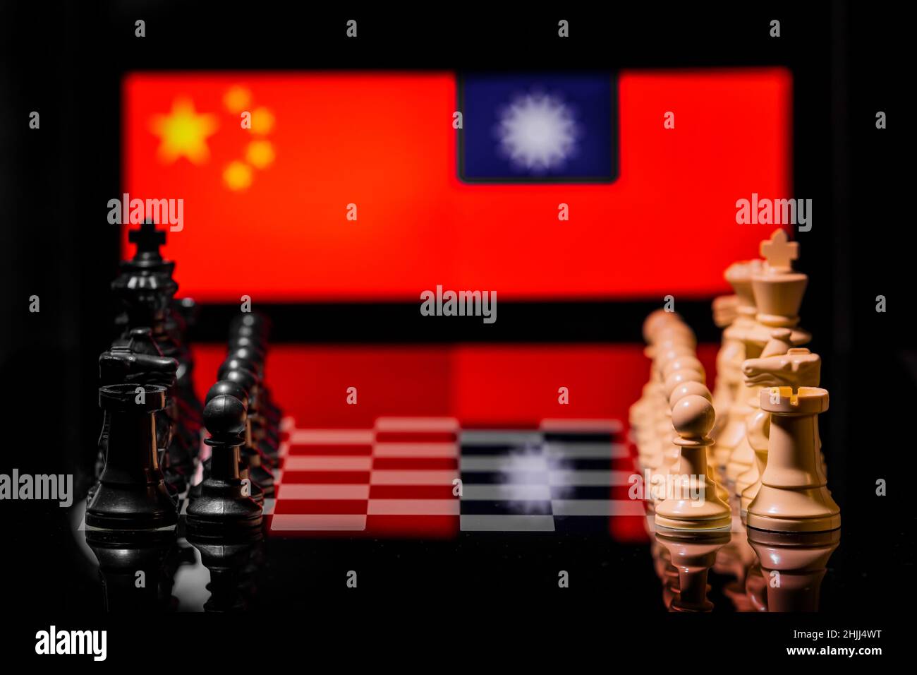 Conceptual Image Of War Between China And Taiwan Using Chess Pieces And National Flags On A 