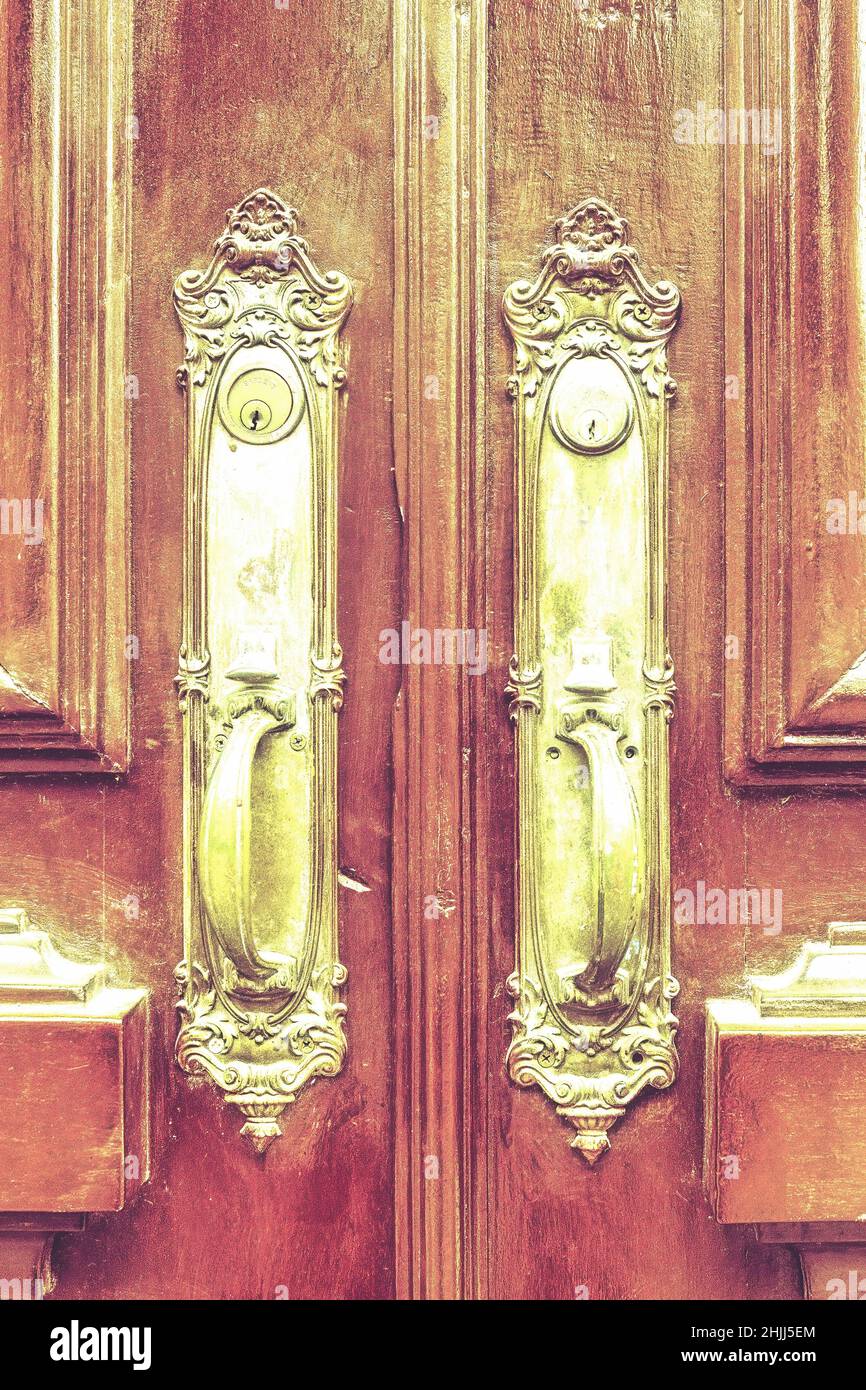 Detail of the entrance door handles. The 'Teatro Principal' (Principal Theatre) is the most important eclectic building in the province. It is a famou Stock Photo