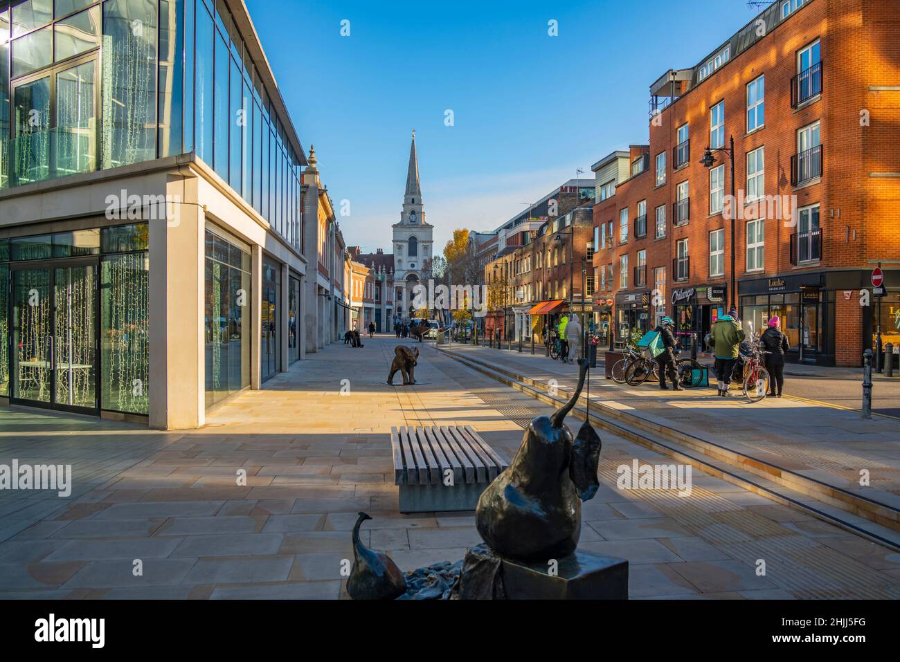 View of Brushfield Street and Christ Church Spitalfields near Spitalfield Market, London, England, United Kingdom, Europe Stock Photo